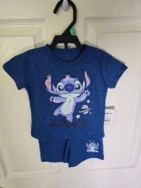 NWT Disney Stitch Boys Blue 2 Piece Short Shirt Set 6-9M